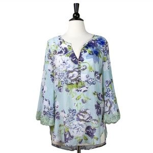 ARATTA Floral Print Bell Sleeve Top in Aqua